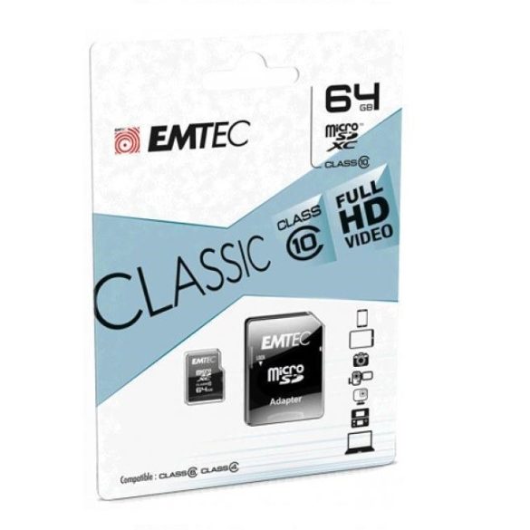 EMTEC 64 GB microSD memóriakártya + adapter Class 10 UHS-I 85MB/s
